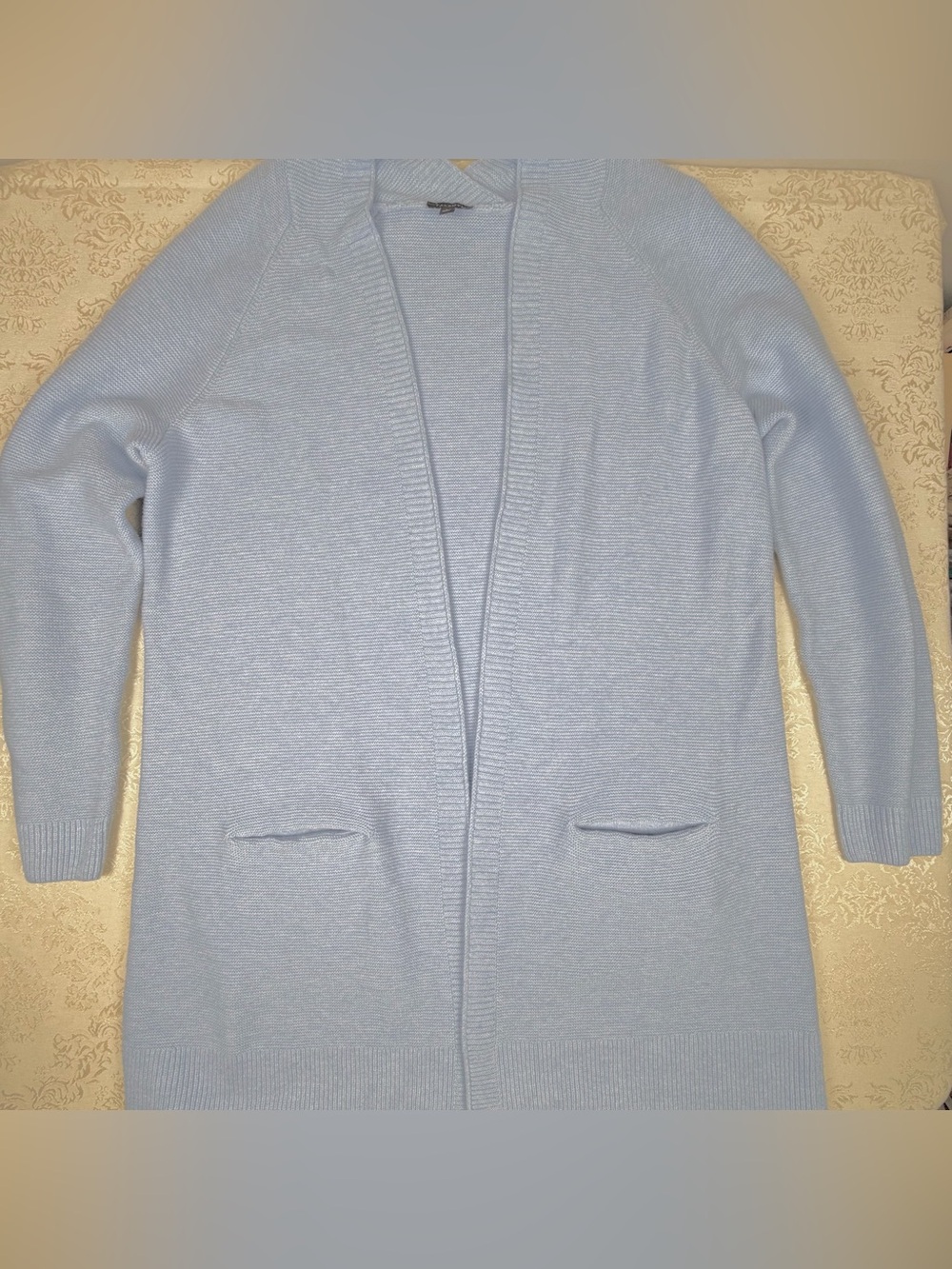 Talbots Light Blue Open Front Long Cardigan Sweater, Large, Comfy